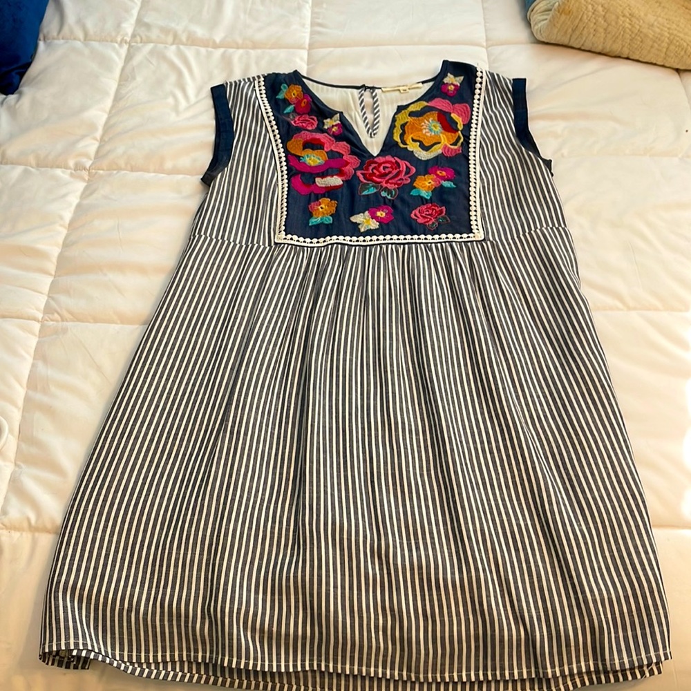 Blue white stripe dress with embroidered flowers on chest